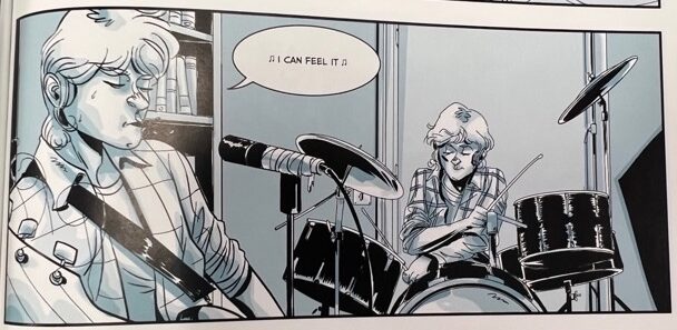 Page 49, Image one of two. A teenaged Kurt Cobain sings, “I can feel it” into a mic while a drummer plays a drum set.