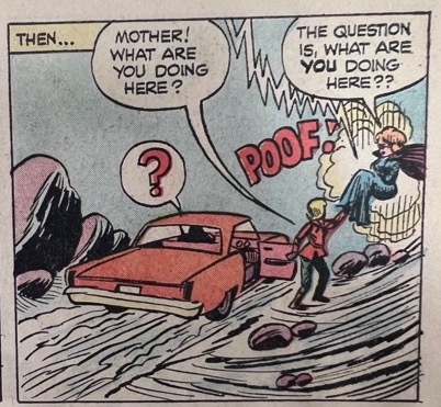 A car sits on top of a snowy hill with rocks around it. A figure in red says, “Mother! What are you doing here?” to Sam, a woman teleporting above the ground and surrounded by puffs of air and lightning. Sam says, “The question is, what are you doing here??” and a “poof!” sound effect accompanies her.