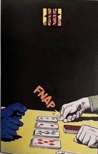 Image two of four. Joker places a playing card on a pile of other cards with a “fnap” sound. 