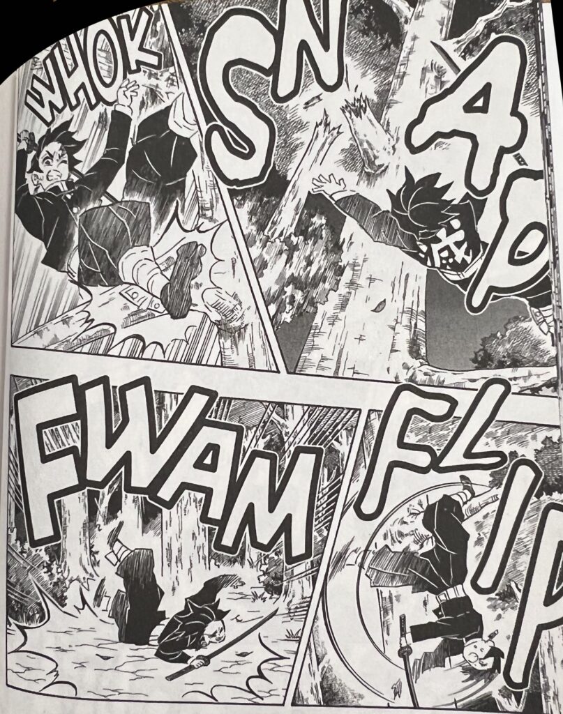 A series of four panels. In the first panel, Tanjiro, a man in a black tunic, falls from a tree with a “SNAP” of the tree branch. Tanjiro hits a branch with the sound of “Whok” behind him. In the third panel, Tanjiro rotates mid-air with a “FLIP” sound effect behind him. He lands on the ground with a “FWAM” sound effect.