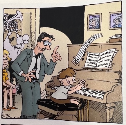 A man with glasses stands over a young child who plays the piano.  Above them, there is a series of quarter notes on a single staff.