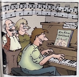 A man with balding hair stands next to a woman with glasses, and they watch their son. A man with a goatee sits at a piano and a series of eighth notes floats over them on a grand staff.