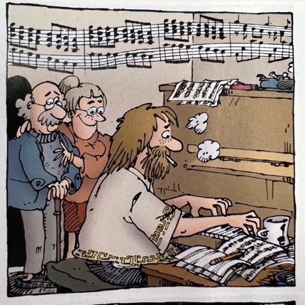 A baldingman with a cane and a woman with glasses and a bun stand next to their son, who is smoking and playing the piano. Above them, floats a grand staff with a complicated series of eighth notes.