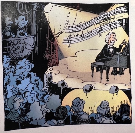 A man with grey hair and formal attire plays a piano on a stage with a spotlight on him. A crowd watches him. Over the player's head there is a series of eighth notes and sixteenth notes on a large grand staff.