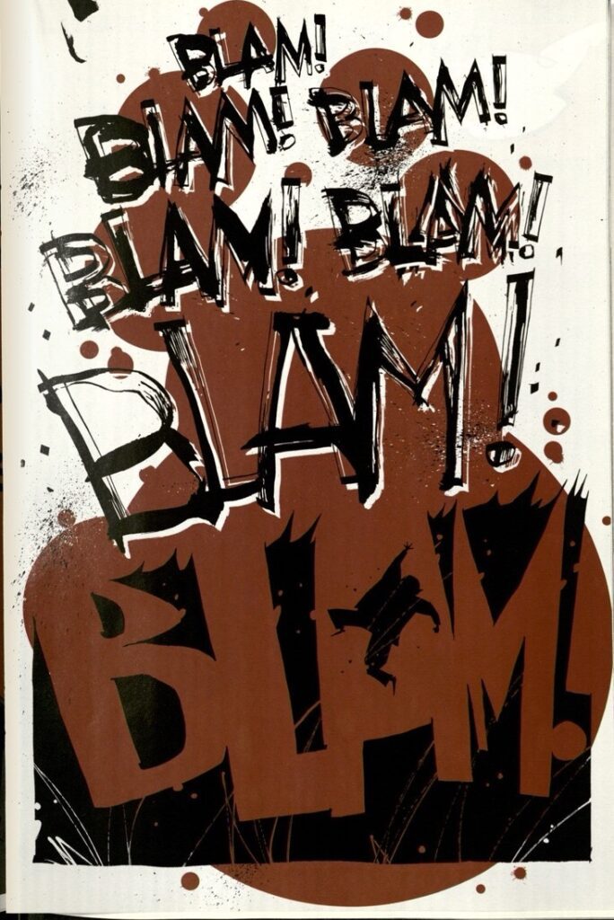  A series of seven “BLAM” sounds written in a scratchy, black and white font with large red splotches behind the text. The last “BLAM” has a figure named Popmwaster with hands and legs spread wide within the gap of the letter “A”