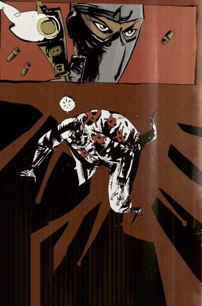 Image two of two. An assassin with a black mask holds a gun with bullet shells flying out of it. Popmaster, with several bullet wounds, trips against a black and red background. Popmaster has a speech bubble with a pictogram of an explosion.