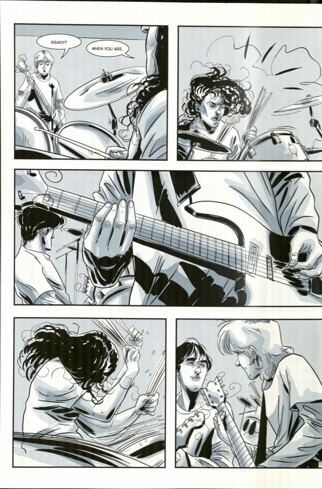Page 72, image two of two. A series of five panels depicting Dave Grohl playing the drums. In the first panel, Kurt Cobain asks, “Ready?” and Grohl, sitting at a drum set, responds, “When you are.” The next three panels show Grohl hitting the drums with force and Cobain playing the guitar. In the past panel, Cobain and his band mate look at each other while playing.