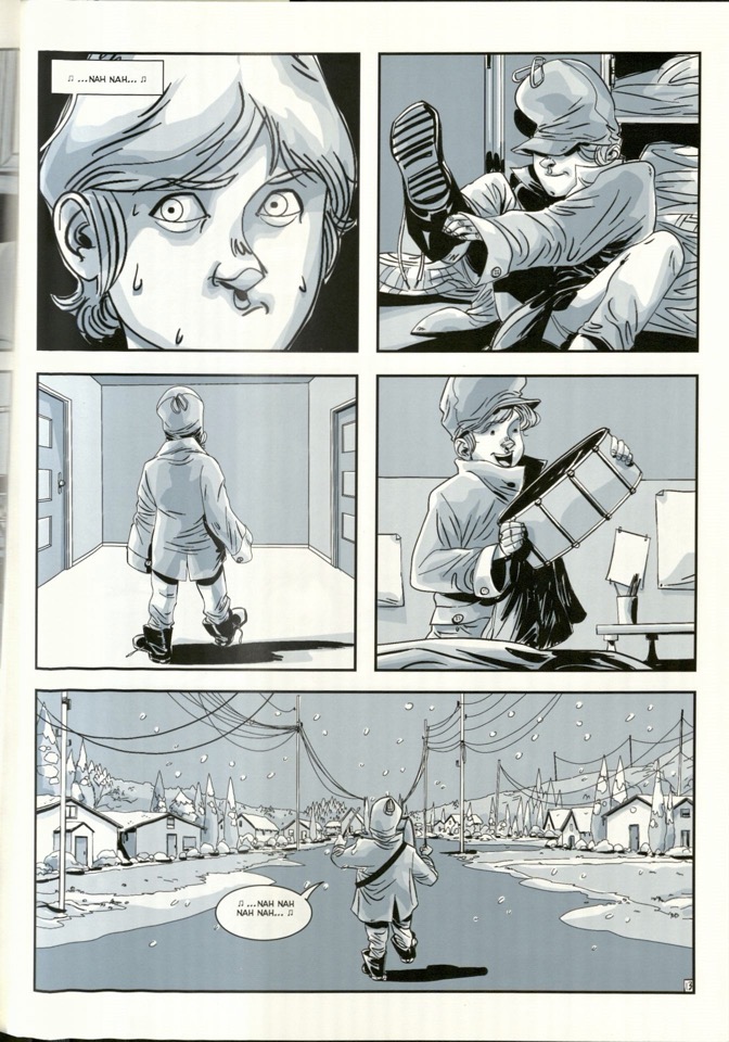 A young Kurt Cobain puts on winter clothes boots and walks outside in the winter while carrying and playing a drum over the course of five panels. The first panel has a text box that reads, “Nah nah” and Cobain sings, “Nah Nah Nah Nah” in the last panel.