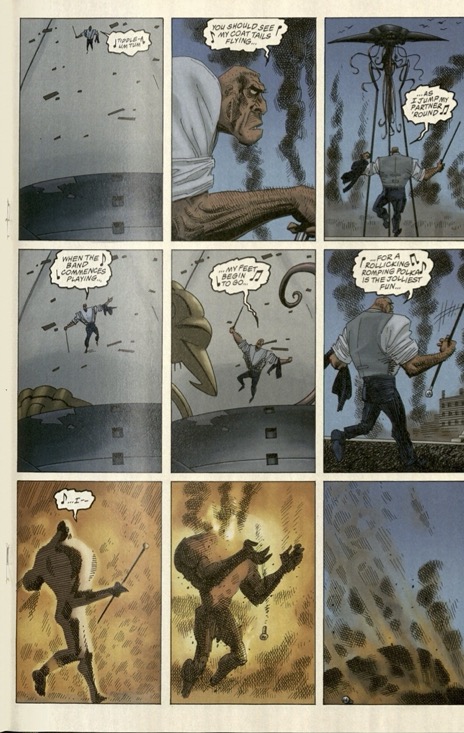 Image two of two. A series of nine panels read left to right. The upper left panel is an above view of Hyde singing, “tiddle-a um tum.” The next panel is a close up of Hyde singing, “you should see my coat tails flying…” The third panel is an image of Hyde from behind, walking toward several alien ships with pointed fronts. Hyde sings, “... as I jump my partner ‘round.” The fourth panel depicts Hyde posing in front of the aliens while singing, “when the band commences playing” In the fifth panel, Hyde leaps and sings, “...my feet begin to go…” In the next panel Hyde walks forward and sings, “for a rollicking romping polka is the jolliest fun..” Hyde's clothes burn away in the next panel as they say, “I…” The eighth panel involves Hyde catching on fire, and the last panel is an explosion.