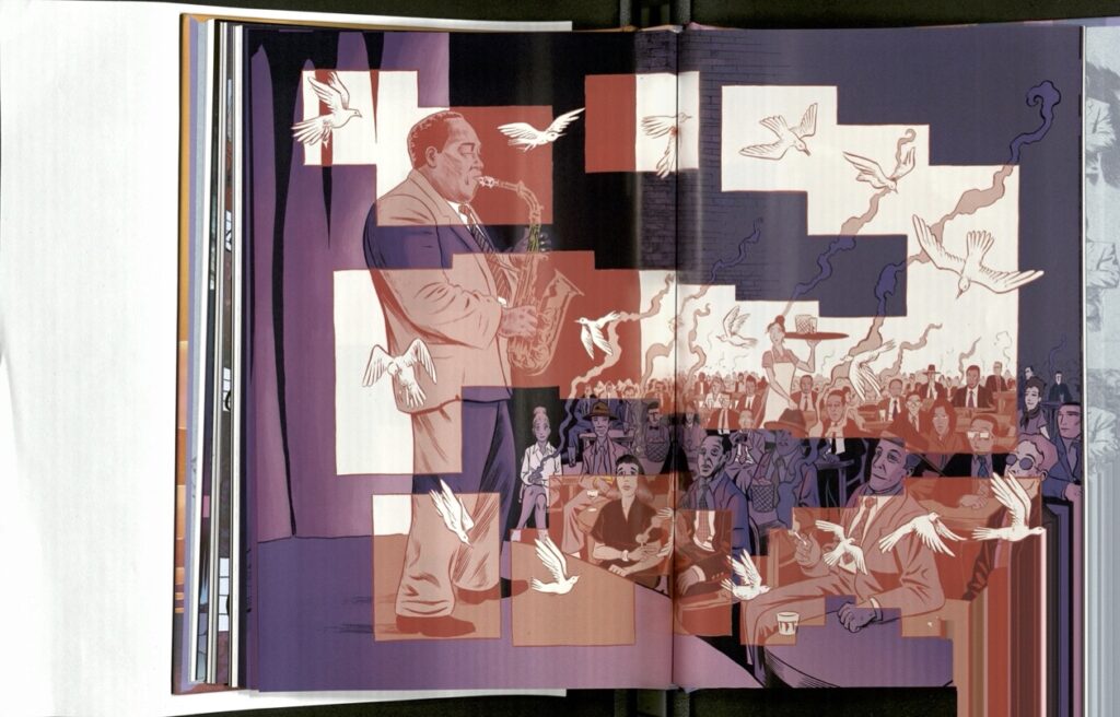 Charlie Parker stands on a stage and faces an audience that looks up at him. A pink bird flies in a series of pink boxes from behind his head into the audience. 