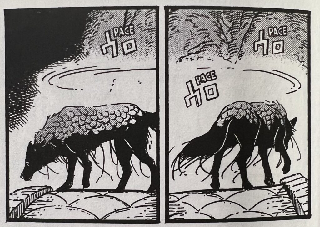 Image one of two. A black, mangy dog walks in circles on a hilltop. Above the dog, the Japanese script “uro” appears with its English translation “pace” slightly above it. 