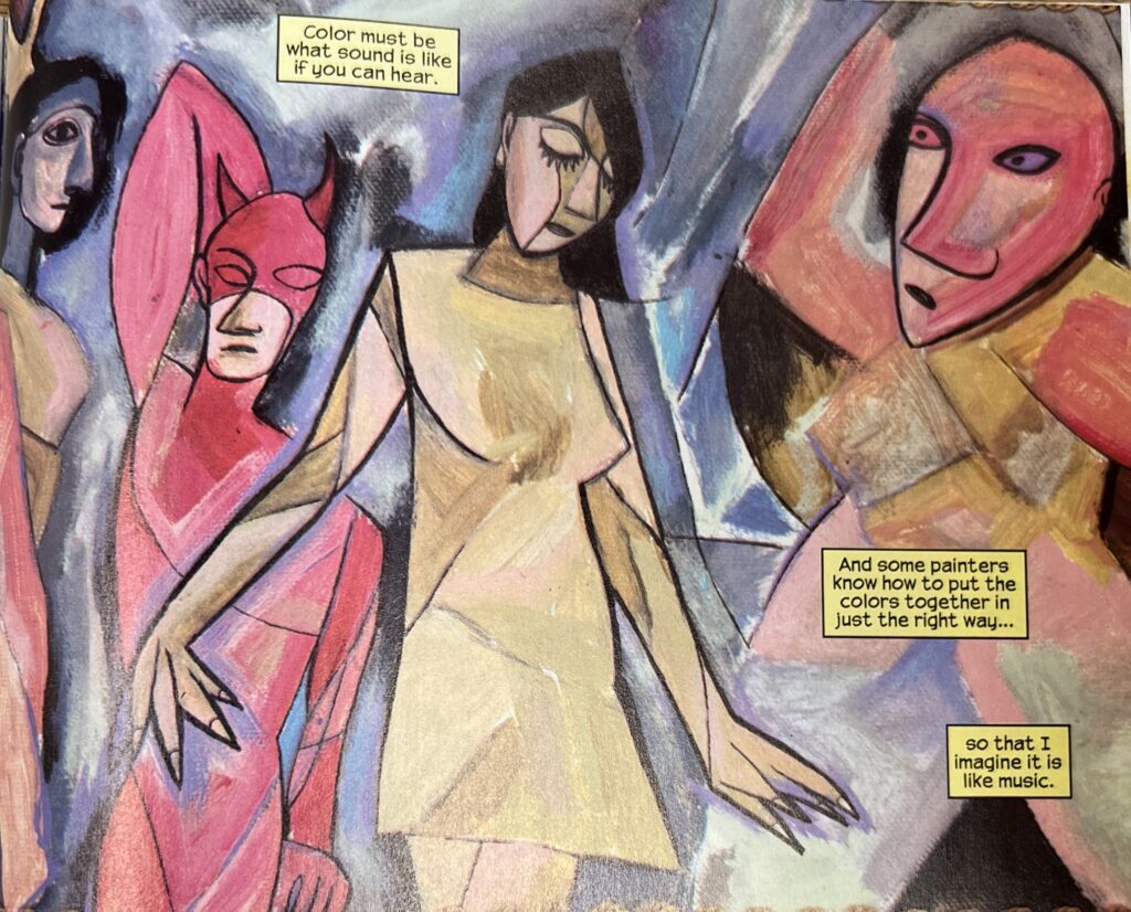 A series of figures painted in Cubist style, including the superhero Echo wearing a brown dress and the superhero Daredevil wearing his red suit and red horned helmet. The text boxes across the image read, “Color must be what sound is like if you can hear. And some painters know how to put the colors in just the right way… so that I imagine it is like music.”