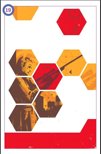 The cover of the Hawkeye #19 comic. A series of orange and red hexagons against a white background with Clint carrying a gun interspersed within the hexagons.