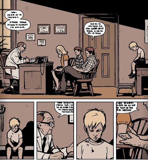 In a doctor’s office, Clint's parents and his brother face a doctor while Clint sits behind them on a text. The adults and doctor communicate but the speech bubbles possess a series of indecipherable dashes and lines.