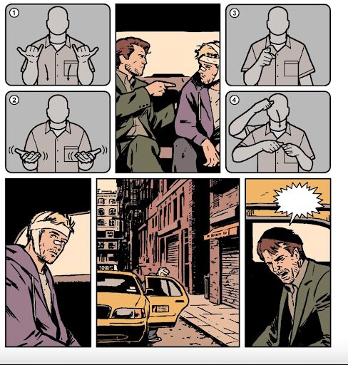 A series of four panels. The first panel is Barney pointing at Clint, with a bandage on his head, while they sit in a cab. Clint looks at the man and then leaves the cab in panel three. Barney stays in the car and a blank speech bubble with jagged lines comes from his mouth. Surrounding the panels there are four images of sign language translations. The first translation is a figure moving their hands downward with their pinkies and thumbs extended. The second translation is a figure with their palms open and moving. The third translation is a man pointing. The fourth image is a figure moving their hand from their forehead to their chest to connect with their other hand.
