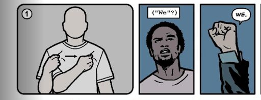 A series of three panels. In the first panel, a figure points at their chest and then moves their finger across their body. In the second panel, a figure stares upward and a text box says “(“We”?)” In the last panel, Barney raises his fist and his speech bubble says, “We."