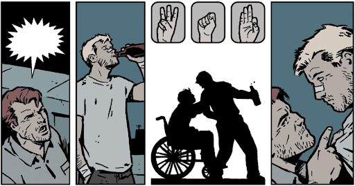 A series of four panels. Barney says something unknown to Clint, who is drinking a beer. Barney grabs Clint and signs the American Sign Language gestures for “WTF” and then points at Clint.