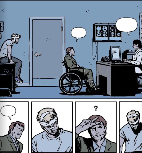 Clint has a bandage on his head sits on a table while Barney, who is in a wheelchair, speaks to a doctor. The doctor and Barney have blank speech bubbles. Barney turns to speak to Clint, and a question mark appears over Barney's head.